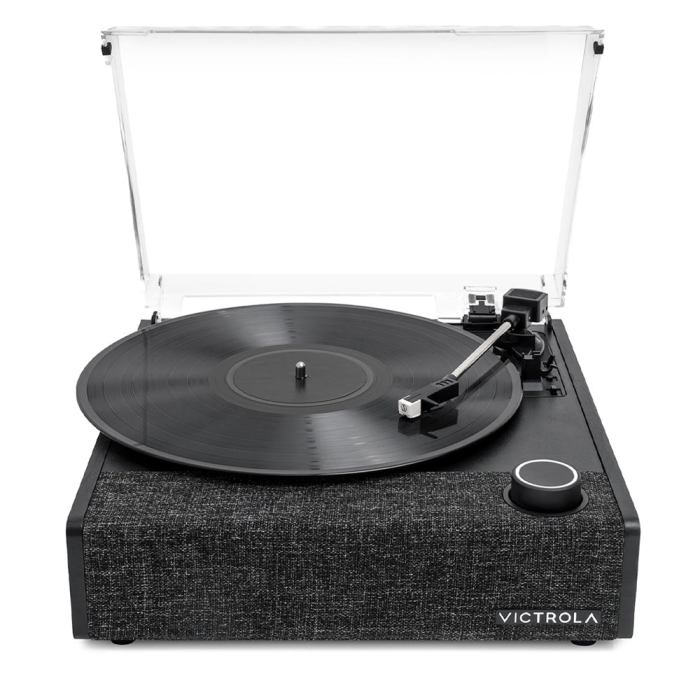 victrola eastwood ii turntable black + bundled record storage crate Vinyl record playing on modern turntable with cover.