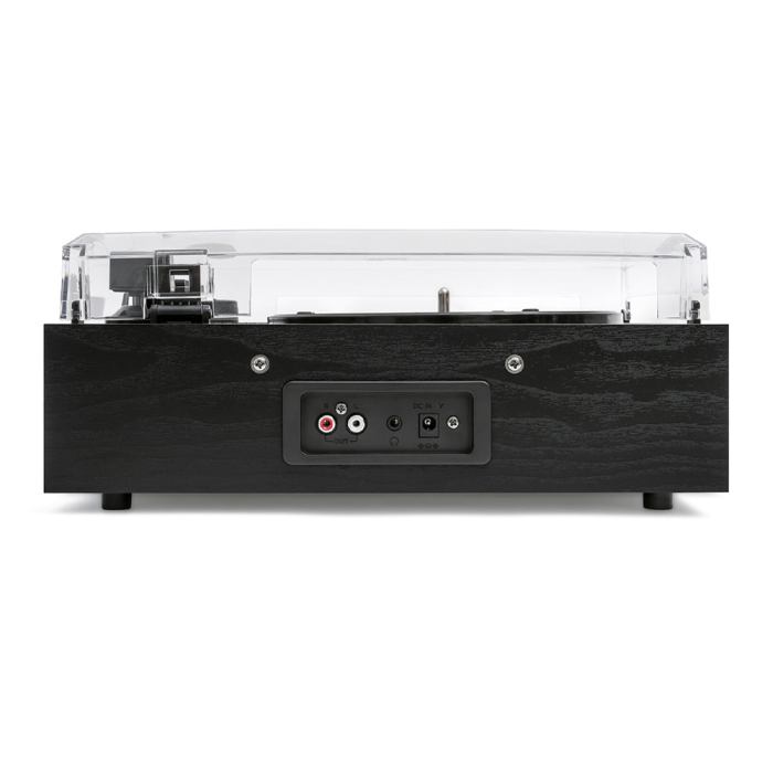 Back view of a record player with connections.