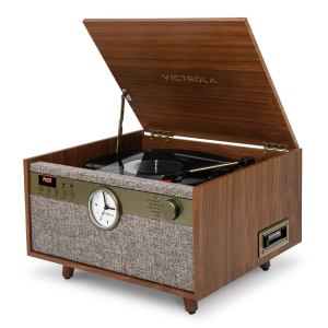 Wooden retro record player with open lid
