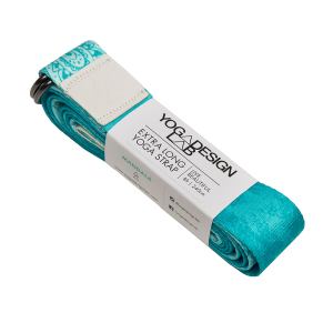 Turquoise extra-long yoga strap with mandala design.
