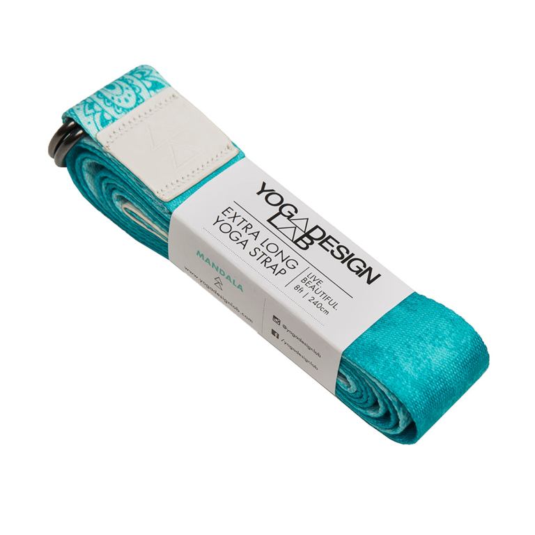 Turquoise extra-long yoga strap with mandala design.