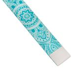 Turquoise mandala-pattern yoga strap on white background.