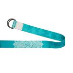 Turquoise yoga strap with mandala design.