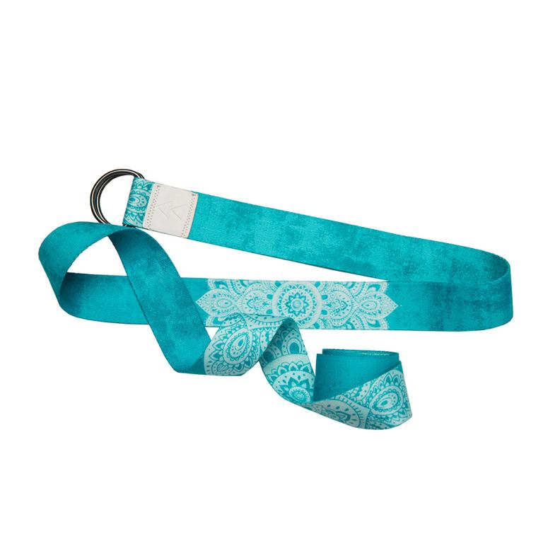 Turquoise yoga strap with mandala pattern