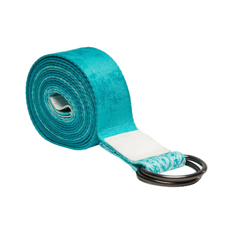 Turquoise rolled yoga strap with metal rings.