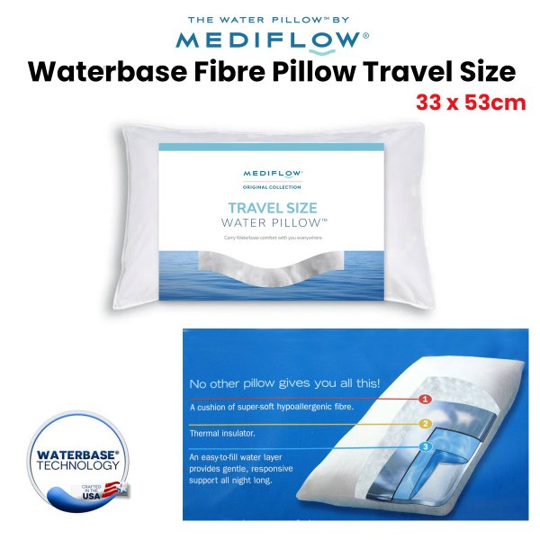 mediflow travel size waterbase fibre pillow 33 x 53 cm Travel size water pillow, 33x53cm with waterbase technology.