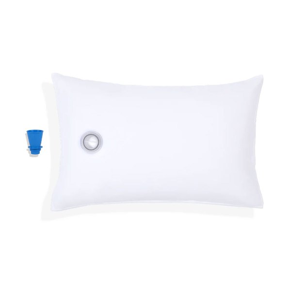 mediflow travel size waterbase fibre pillow 33 x 53 cm Inflatable white pillow with blue valve accessory.