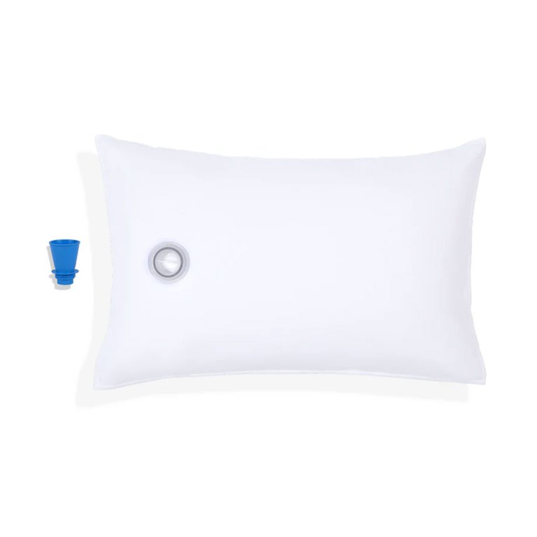 Inflatable white pillow with blue valve accessory.