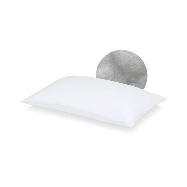 mediflow travel size waterbase fibre pillow 33 x 53 cm White pillow with silver circular decoration