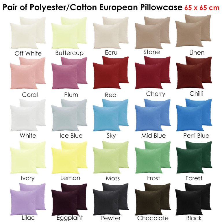 Colourful polyester cotton pillowcases, 65x65 cm, 26 shades.