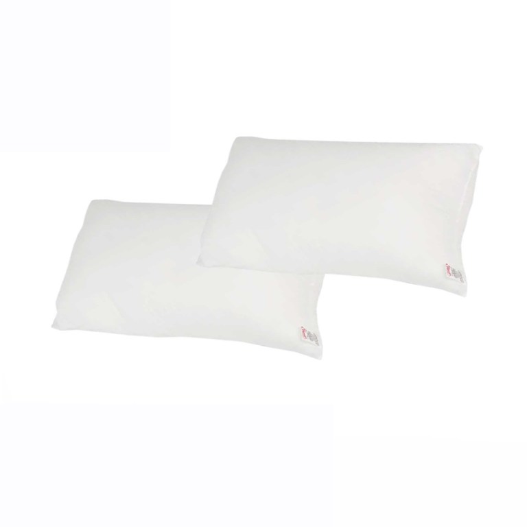 Two white pillows on plain background.