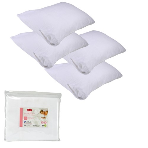 Four white pillow protectors with packaging.