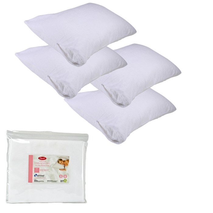 v442 ert pillowp stainresisitant white st 78081 00.jpg Four white pillow protectors with packaging.