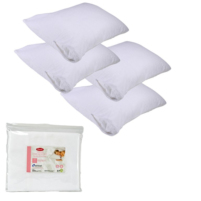 Four white pillow protectors with packaging.
