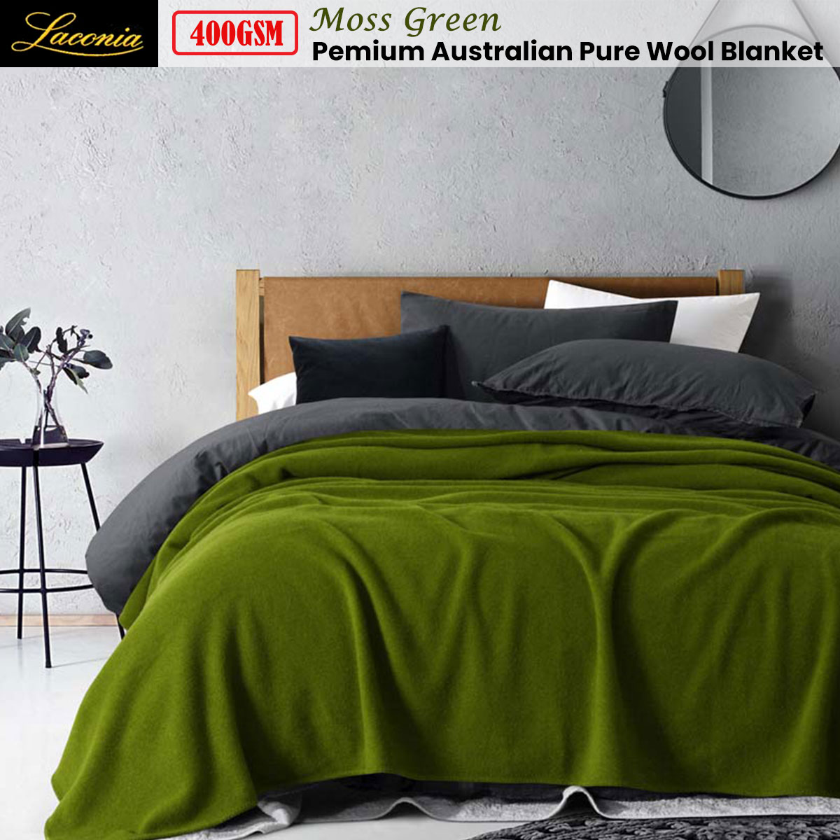 Moss Green Australian wool blanket on bed