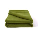Folded olive green wool blanket on display.