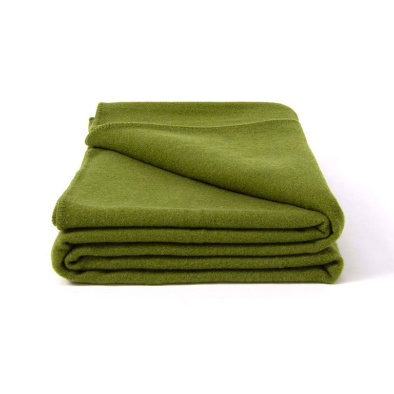 Folded olive green wool blanket on display.