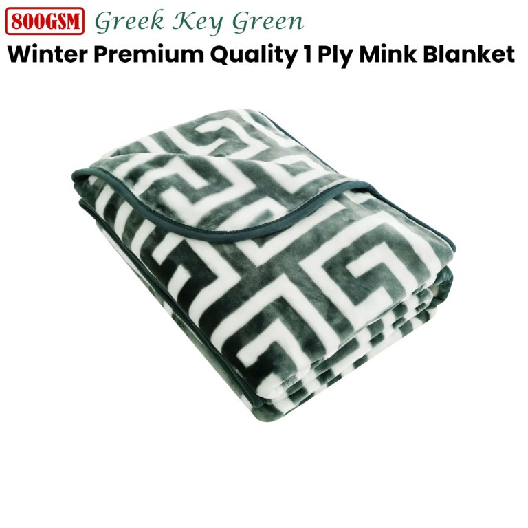 bloomington 800gsm greek key green winter premium quality 1 ply mink blanket double Green Greek key pattern mink blanket