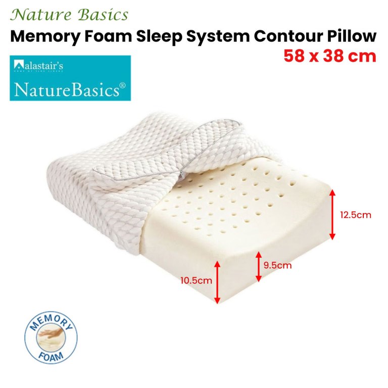 alastairs nature basics memory foam contour standard pillow 38 x 58cm Memory foam contour pillow with measurements.