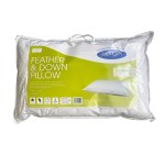 Feather and down pillow packaging with green label.