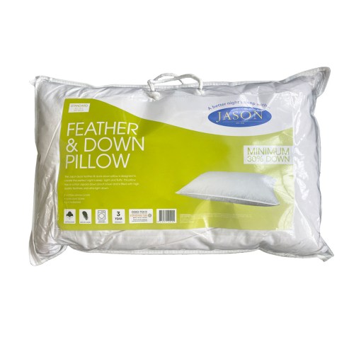 v442 wam pillow featherdown white st 202502280845 00.jpg Feather and down pillow packaging with green label.