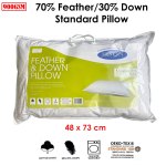 Feather and down pillow, cotton cover, machine washable.