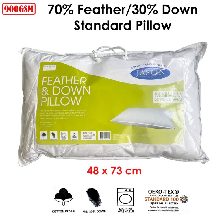Feather and down pillow, cotton cover, machine washable.