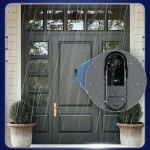 Front door with rain-resistant video doorbell.