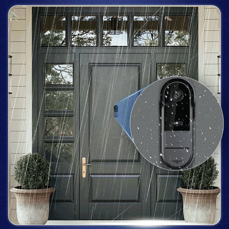 Front door with rain-resistant video doorbell.