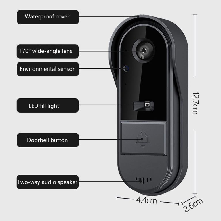 Smart doorbell with camera and speaker features.