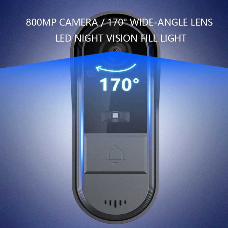 Smart doorbell with camera and wide-angle lens.