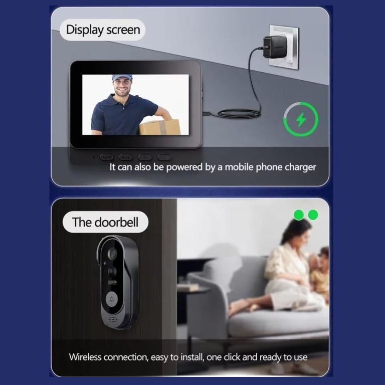Wireless video doorbell with display screen and charger.