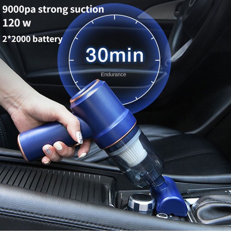 Handheld car vacuum with strong suction, 30-minute endurance.