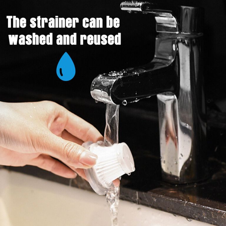 Person washing reusable strainer under sink tap.