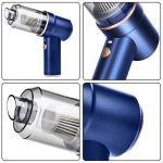 Blue handheld vacuum with clear dust container.