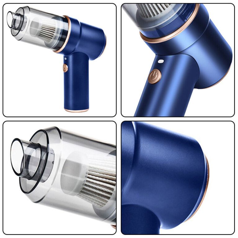 Blue handheld vacuum with clear dust container.