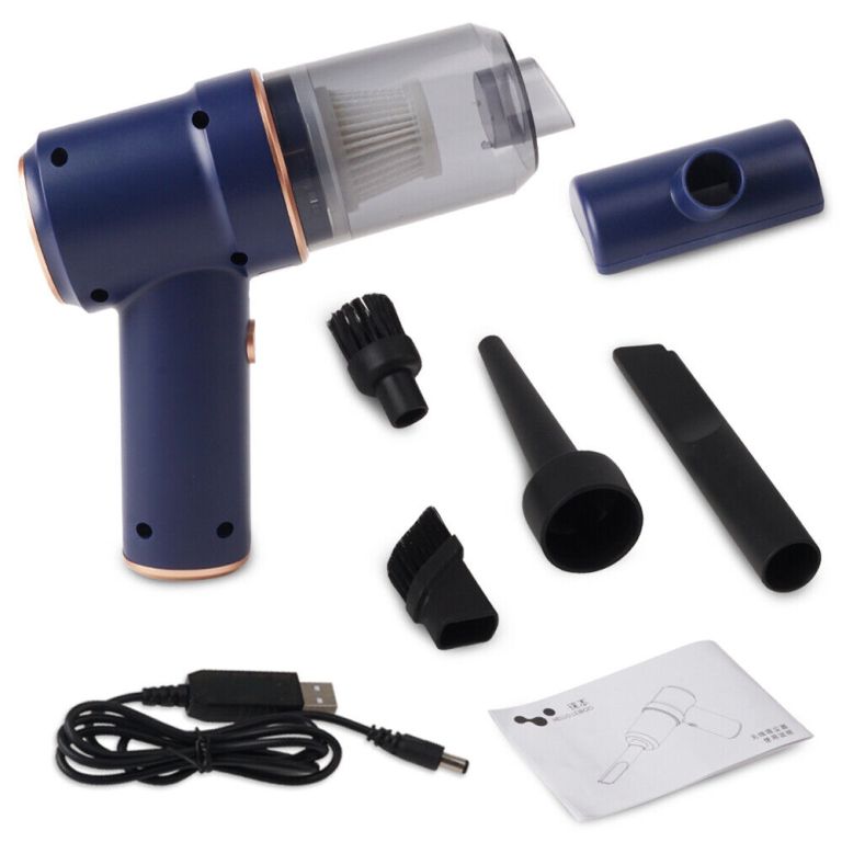 Mini vacuum cleaner with attachments and USB cable.