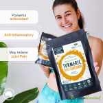 pure organic 95% curcumin powder (60g/1 month supply) 1500mg of turmeric extract buffered with black pepper Smiling woman holding turmeric curcumin supplement packaging.