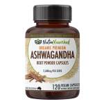Organic Ashwagandha capsules for stress relief, 120 count.