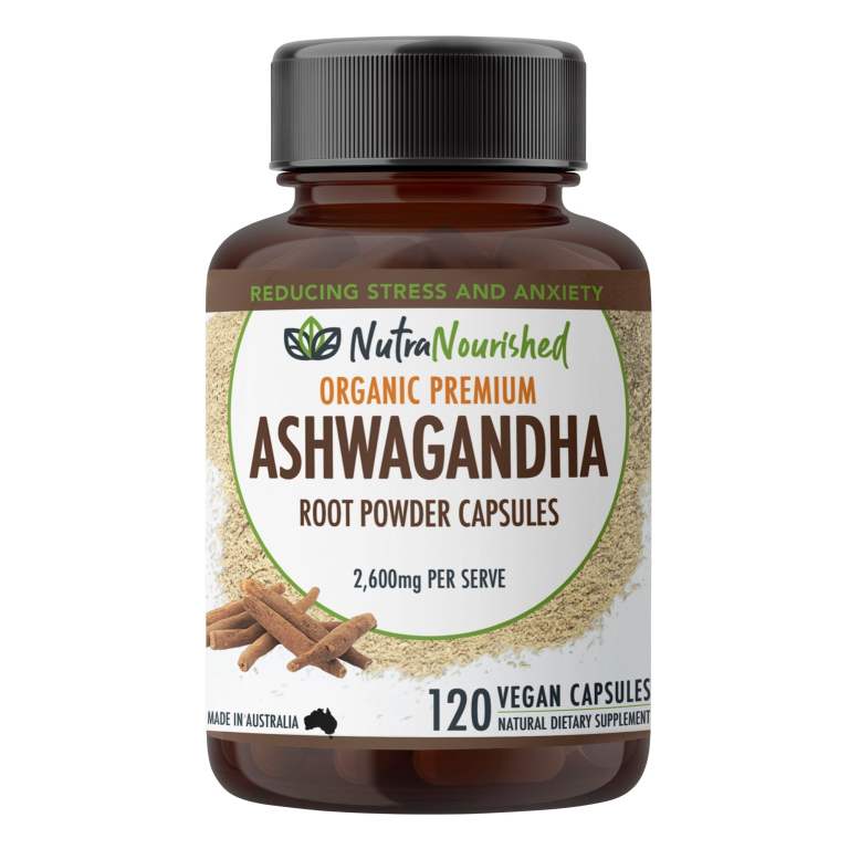 Organic Ashwagandha capsules for stress relief, 120 count.