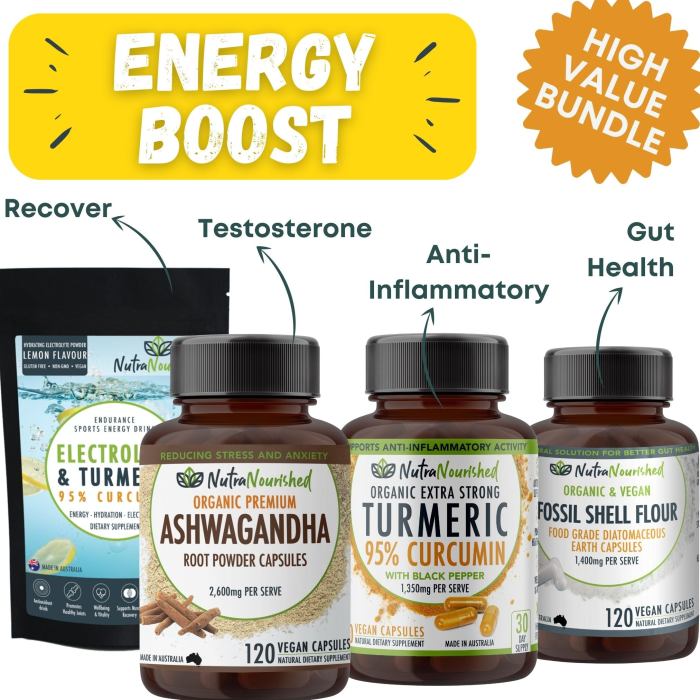 energy & health boost package Energy-boosting supplements for recovery and gut health.