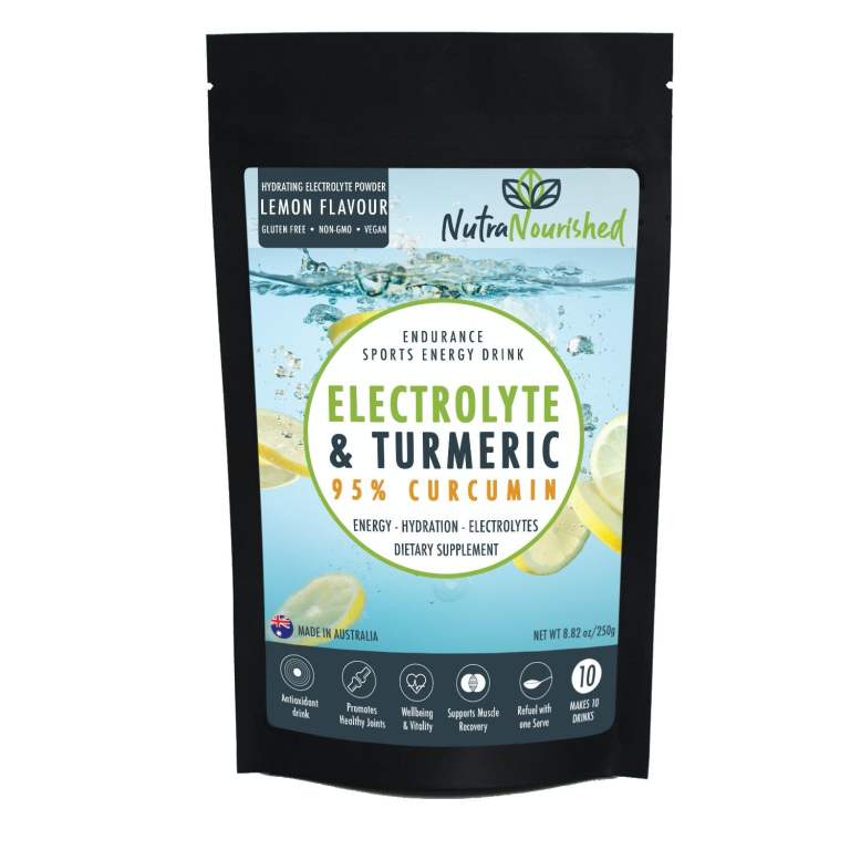 good gut health and faster recovery with fossil shell flour, curcumin, and electrolyte powder Nutra Nourished electrolyte turmeric lemon powder