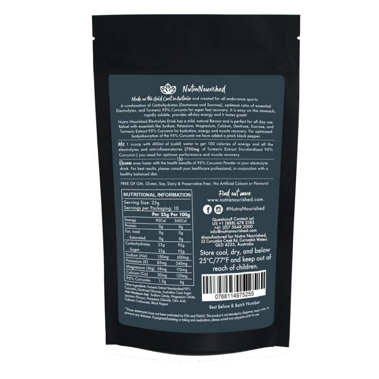 good gut health and faster recovery with fossil shell flour, curcumin, and electrolyte powder NutraNourished electrolyte drink back label with ingredients list.