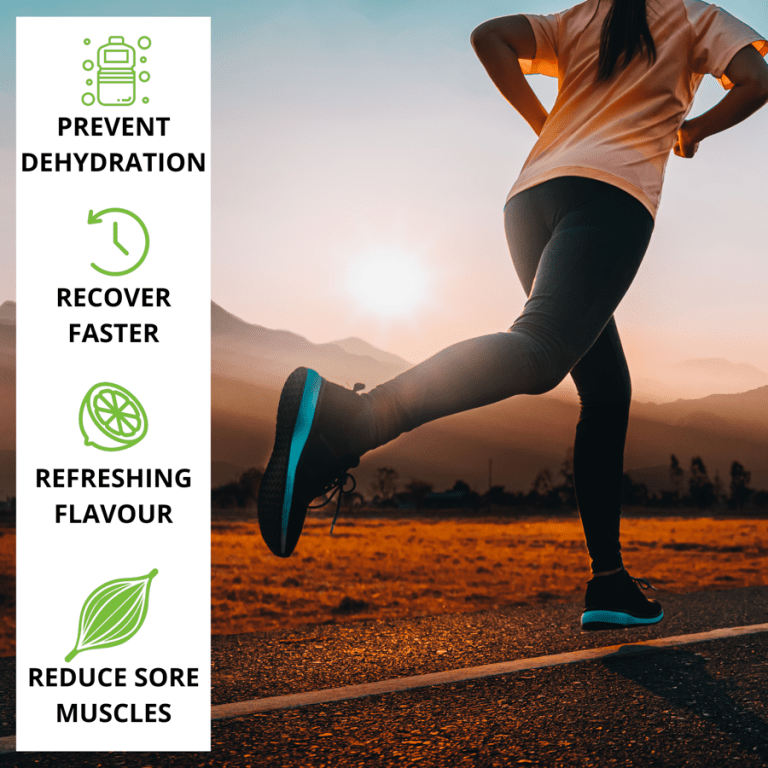 good gut health and faster recovery with fossil shell flour, curcumin, and electrolyte powder Person running at sunset with hydration benefits listed.