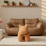 Brown plush bear in cosy living room.