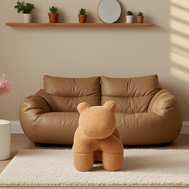 Brown plush bear in cosy living room.