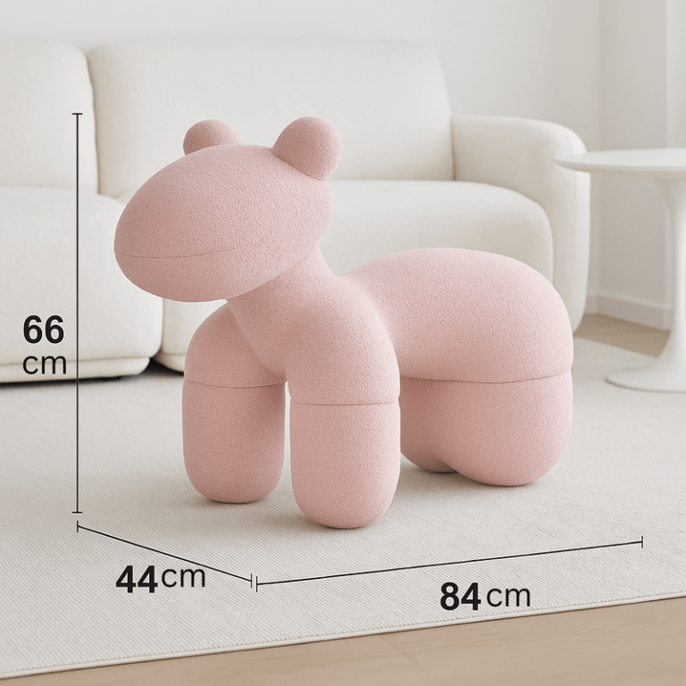 Pink animal-shaped ottoman with dimensions in room.