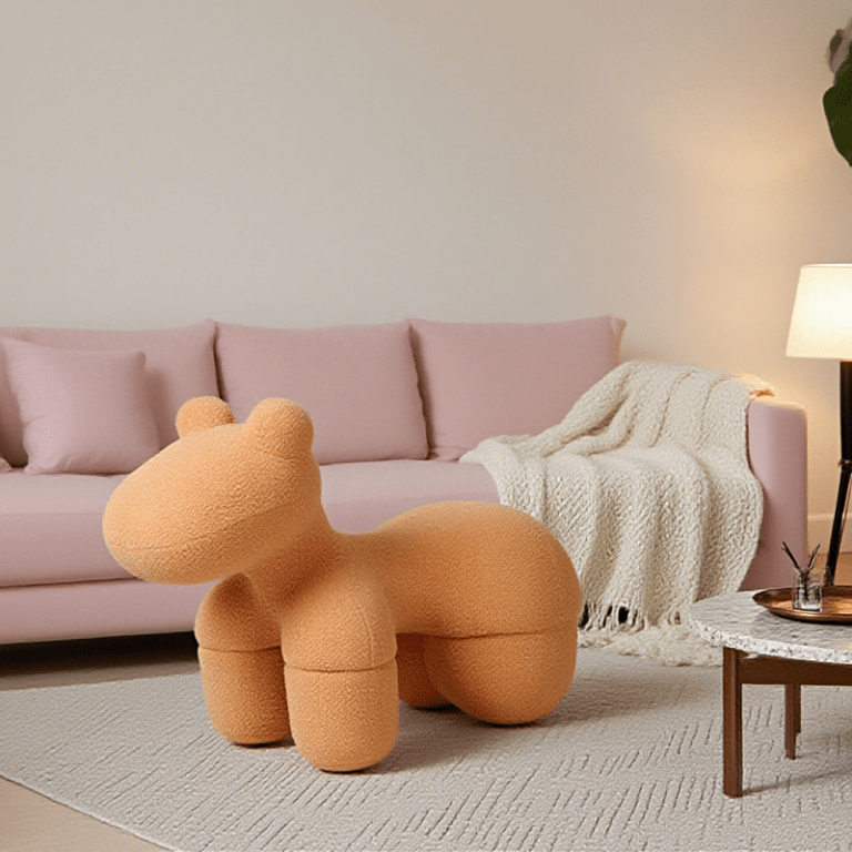 Plush toy in stylish living room setting.