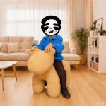 Child on plush animal-shaped chair in living room.