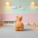 Playroom with teddy bear chair and colourful blocks.